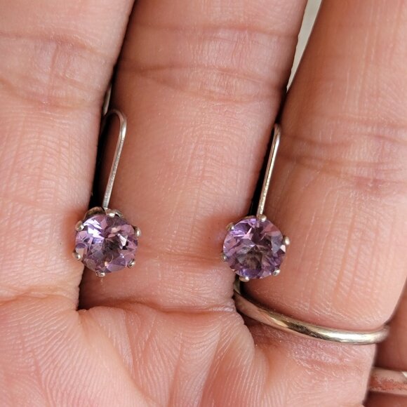Vintage 925 sterling silver amethyst leverback drop earrings - Picture 12 of 16